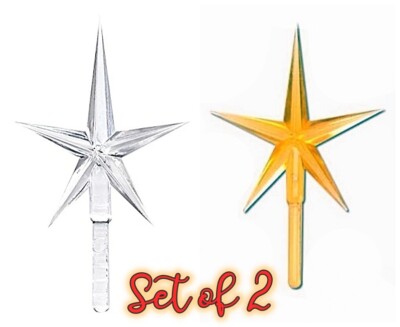 2 PC SET of GOLD & CLEAR STAR PEGS VINTAGE CERAMIC CHRISTMAS TREE TOP 2.75'' NEW