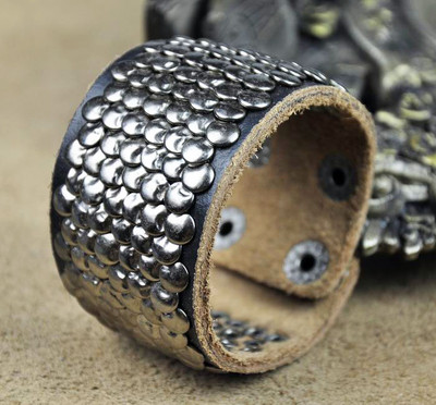 Wide Metal FishScale Studded Leather Bracelet Wristband
