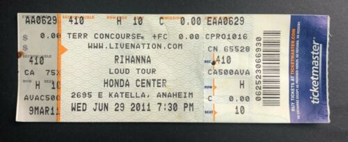 2011 Rihanna Ticket Stub 6/29/011 Loud Tour Honda Center, Anaheim Ca. Free Ship!