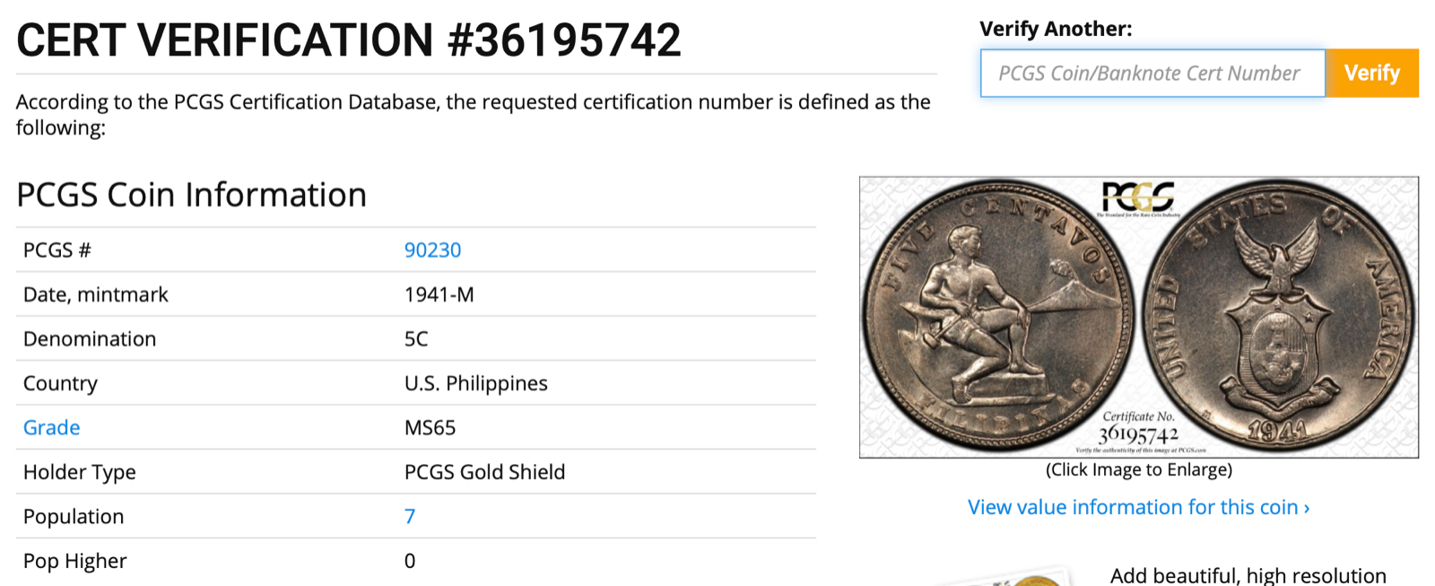 1941-M Philippines 5 Centavos ~ PCGS MS65 ~ GRADE RARITY POP 7/0 ~ A#6.03 ~ J316