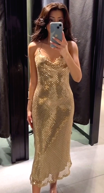 Zara Mesh Slip Midi Dress Gold Metallic Size XS Extra Small