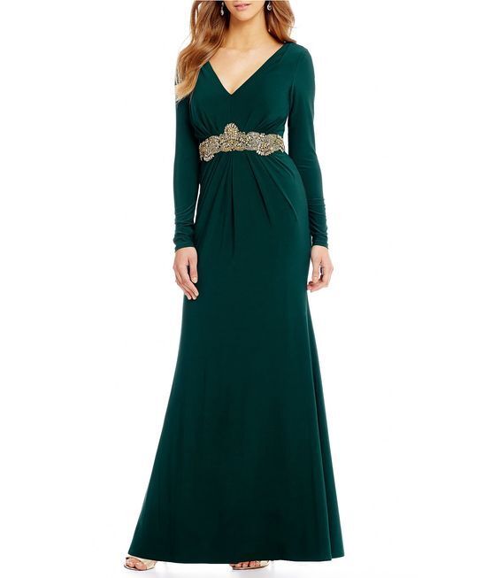 НОВОЕ эластичное матовое трикотажное платье ELIZA J Hunter зеленого и золотого цвета с вышивкой на талии и талией 8 США