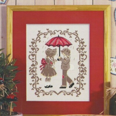 RAINY DAY--Boy & Girl w/ Red Umbrella--Hearts--Counted Cross Stitch Pattern