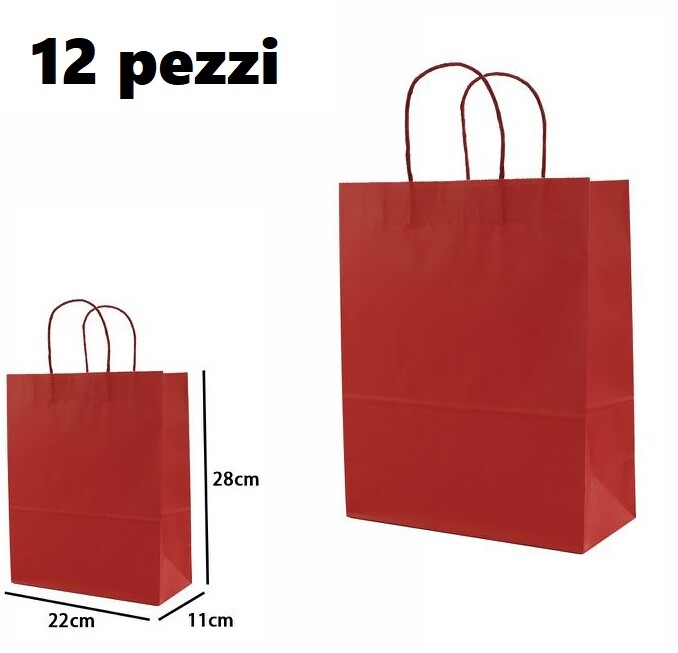 Set 12 Pezzi Buste Borsa Da Regalo Sacchetti Carta Rossa 28x22x11cm dfh