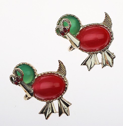 Vintage Red Green Lucite Jelly Belly Duck Brooch Pair, Rhinestone Scatter Pins