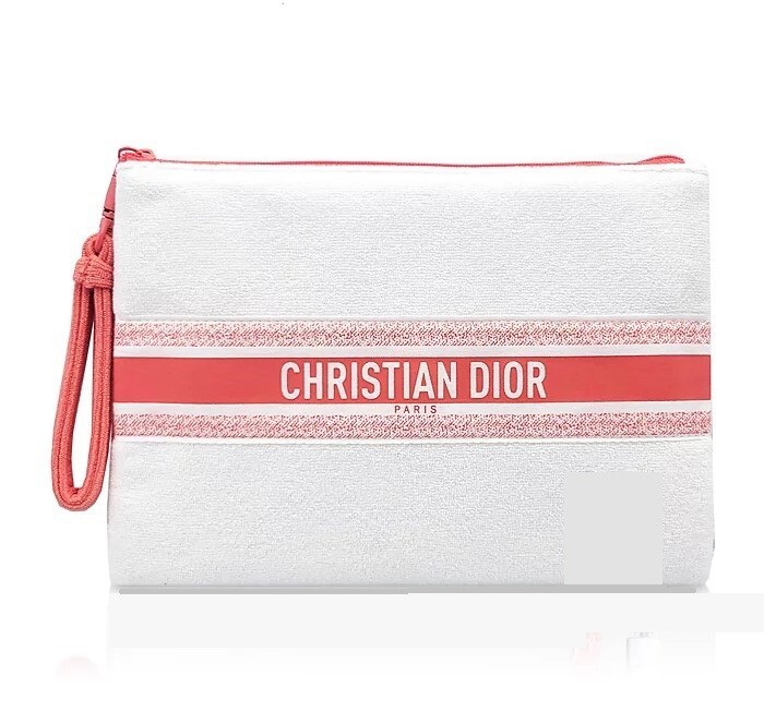 Christian DIOR Terry Cloth Clutch Wristlet Makeup Bag Off-White/Coral 9.5x6.5"