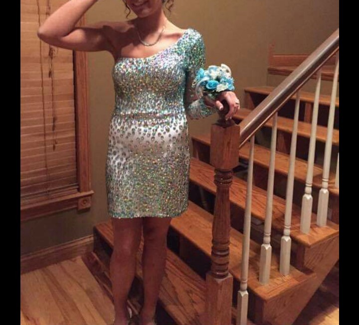 Milano Formal Prom Homecoming dress Silver Rhinestone One Shoulder sz. 6