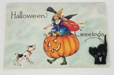Vintage Image 3D Halloween wooden Postcard Black Cat