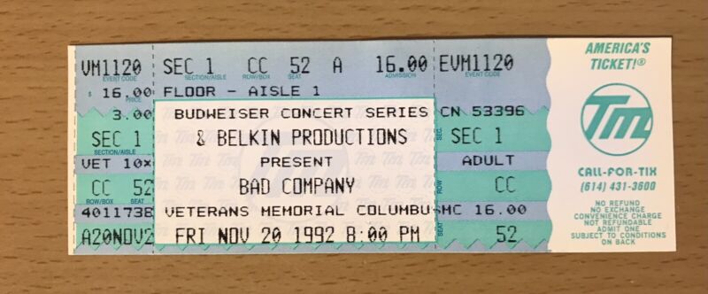 1992 BAD COMPANY COLUMBUS CONCERT TICKET STUB RUN WITH THE PACK READY FOR LOVE