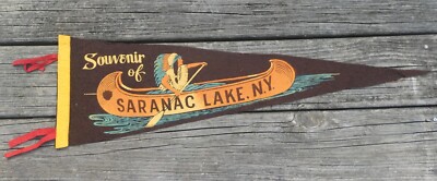 Vintage SARANAC LAKE N.Y. Native American Canoe Felt Flag Pennant