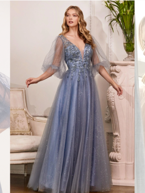 

CINDERELLA DIVINE CD0182 Платье из тюля с прозрачными рукавами и украшением СРЕДНЕГО MAC DUGGAL, Синий