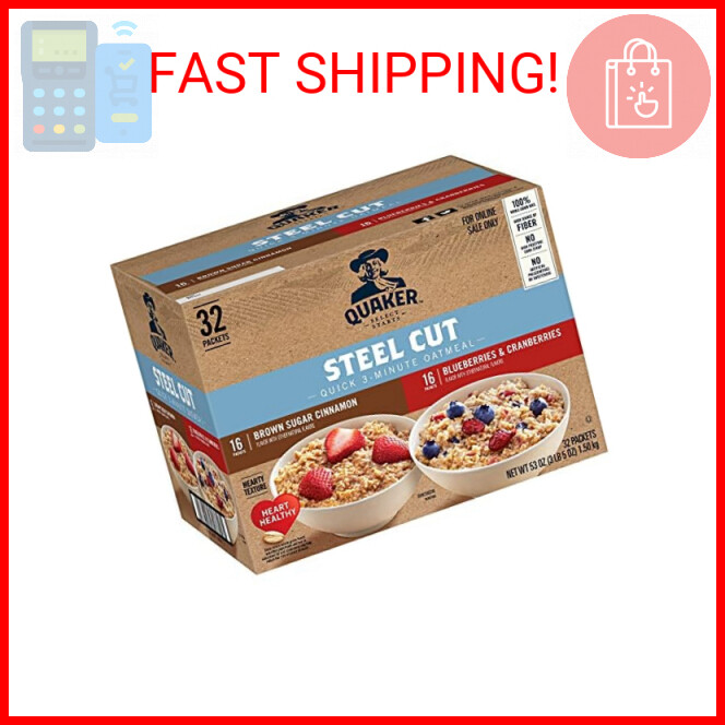 Quaker Steel Cut Quick 3-Minute Oatmeal, 2 Flavor Variety Pack, Individual Packe