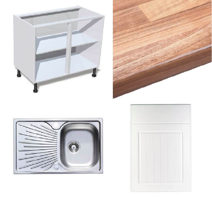 Kitchen: boxed B&Q cabinets, units, drawers, doors, sink etc - BRAND