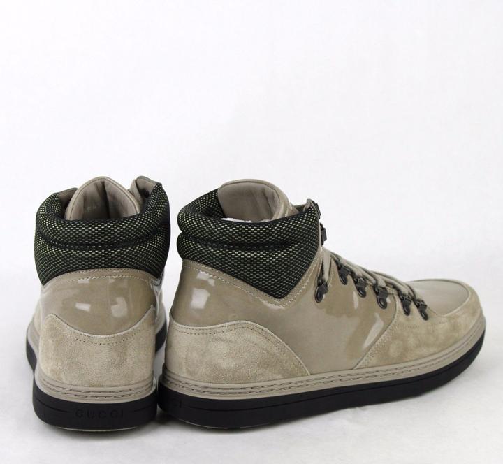 Pre-owned Gucci Men's Tan Patent Leather Suede Hi-top Sneakers 8.5g/us 9 368496 1563 In Brown