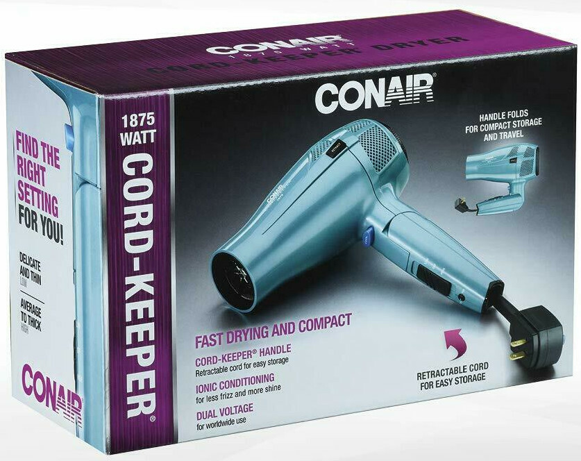 Conair 1875 Watt Cord Keeper Hair Dryer with Folding Handle and Retractable Cord