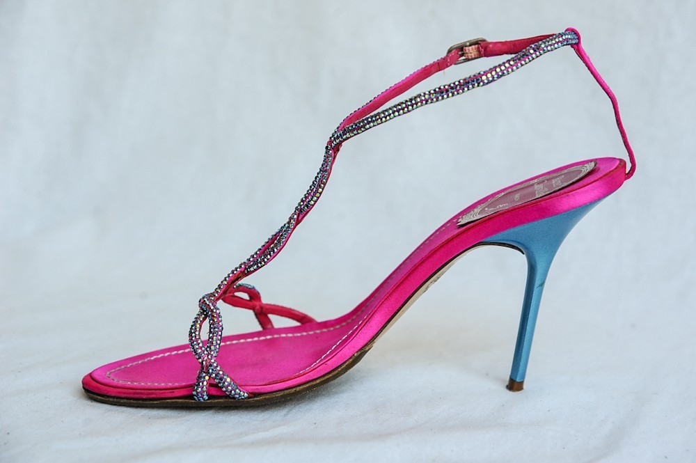 RENE CAOVILLA Womens Satin Pink Turquoise Crystal Strappy