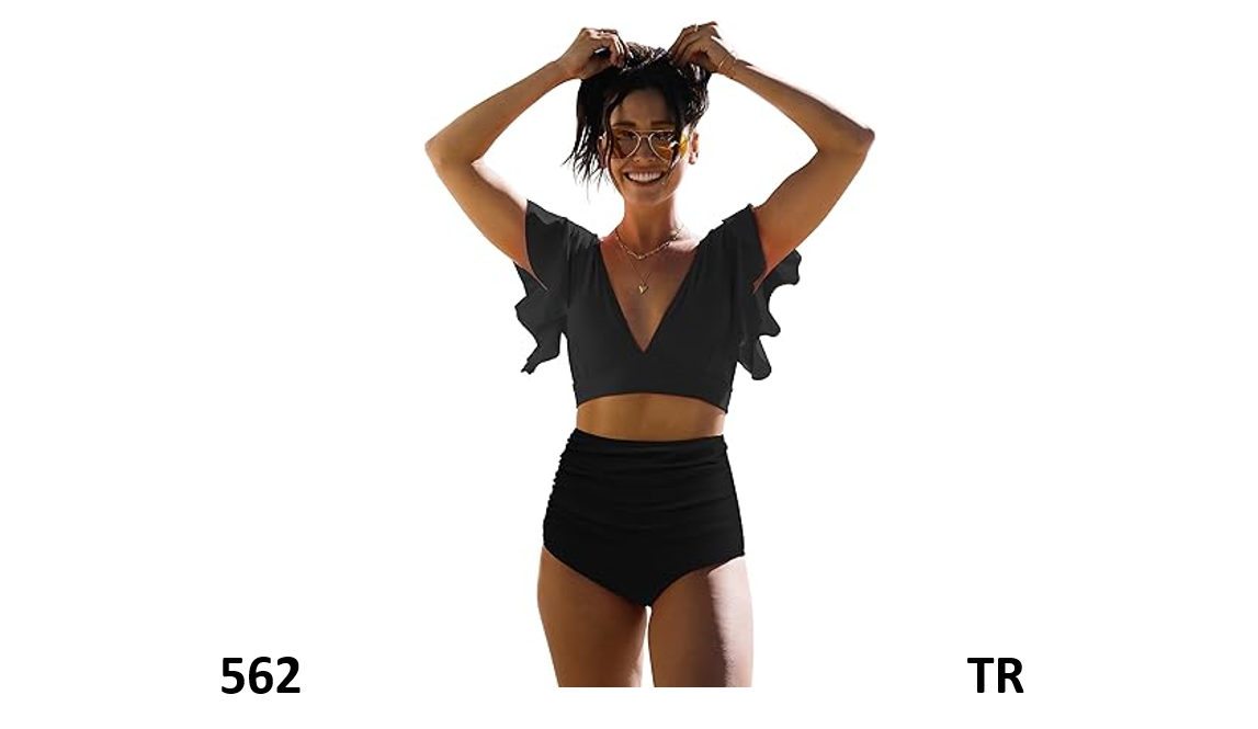 SPORLIKE Women Ruffle High Waist Swimsuit Two Pieces Push Up Black Bikini, Large