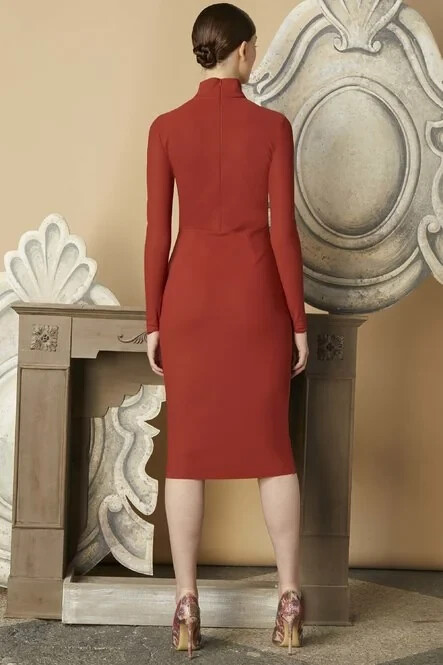 Pre-owned Chiara Boni Dulce Cutout Turtle-neck Dress 8u.s./44it Terracotta Msrp$750 In Terracotta/deep Orange