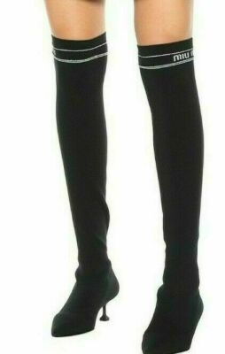 Miu Miu Sock Ribbed-Knit Over-the-Knee Boots Shoes New 38