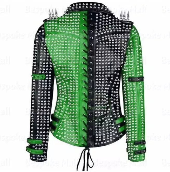 Pre-owned Brando Mens Two Tone  Green & Black Studded Punk Rock Spikes Biker Leather Jacket