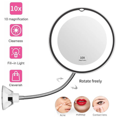 Flexible Gooseneck 6.8'' 10x Magnifying LED Lighted Makeup Mirror Bathroom Mirror
