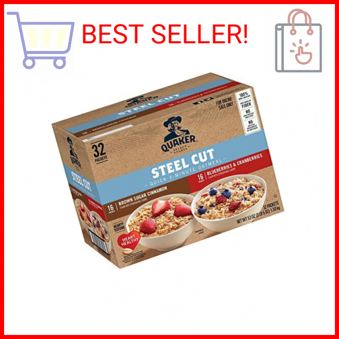 Quaker Steel Cut Quick 3-Minute Oatmeal, 2 Flavor Variety Pack, 32 Count