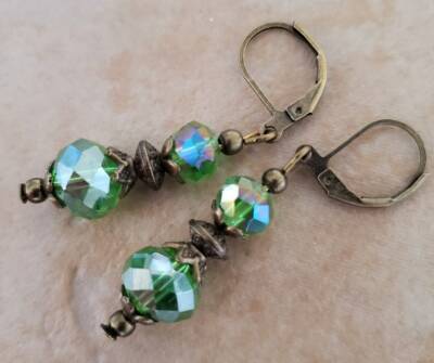 Grass Green Crystal Earrings, Bronze Tone Lever Back Ear wires, Artisan 