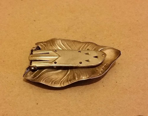 Vintage CZECHOSLOVAKIA Hair Clip Metal Leaf Ribbon Signed