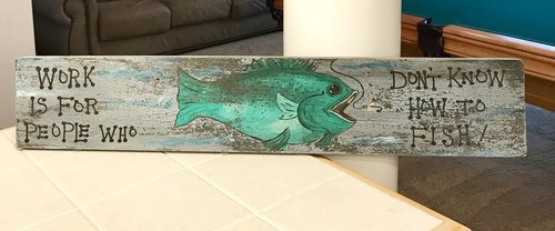 Vintage Fishing Fish Bait Wood Painted Sign Hand Made 29”x 5”