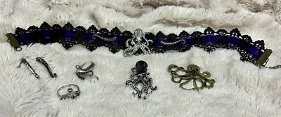 Steampunk Kraken Octopus Tentacle Jewelry Set-Choker, Brooch, Earrings, 2 Rings