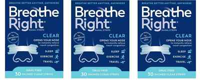 90 BREATHE RIGHT NASAL STRIPS, SM/MED CLEAR FOR SENSITIVE SKIN (3 x 30 Ct Boxes)