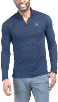 New Men's Spyder Active Performance 1/4 Zip Blue Pullover Medium 4 Way Stretch