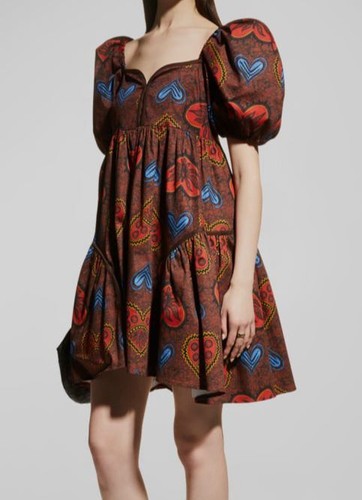 Pre-owned Autumn Adeigbo $1095  Women's Brown Leilani Heart Puffed Sleeve Mini Dress Size 4