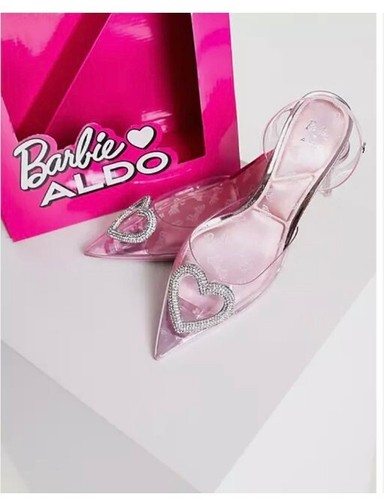 ALDO Barbie Heels 7.5 Pink Clear RARE Rinestones Hearts