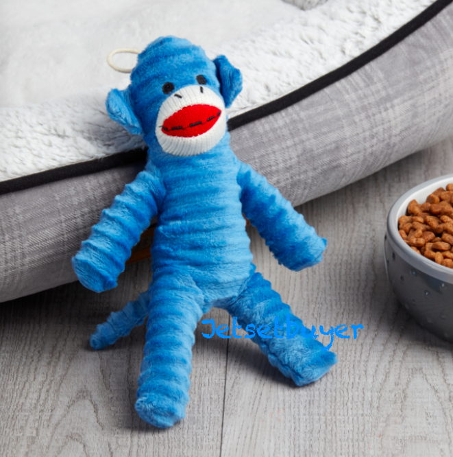 Vibrant Life Sock Monkey Dog Squeak Toy, Brown, Blue, Yellow, Pink