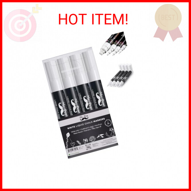 Mr. Pen- White Chalk Markers, 4 Pack, Dual Tip, 8 labels, White Liquid Chalk Mar