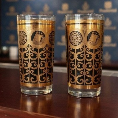 Libbey Prudential Black & Gold Tumblers, Set of 2, Vintage Gibraltar Pattern