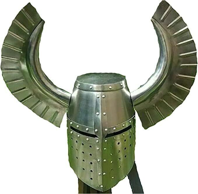 Medieval Knight Great Helmet With Teutonic Crest Wing Armor Steel Face Mask