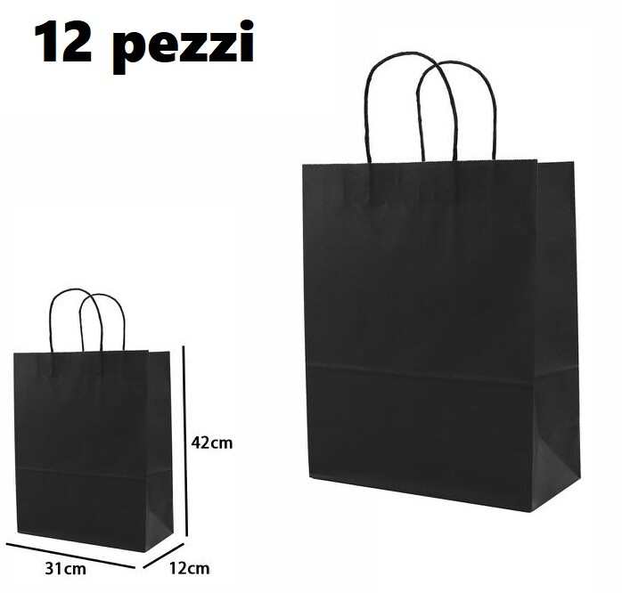 Set 12 Pezzi Buste Borsa Da Regalo Sacchetti Carta Nera 42x31x12cm dfh