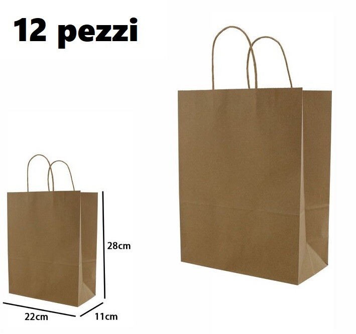 Set 12 Pezzi Buste Borsa Da Regalo Sacchetti Carta Marrone 28x22x11cm dfh