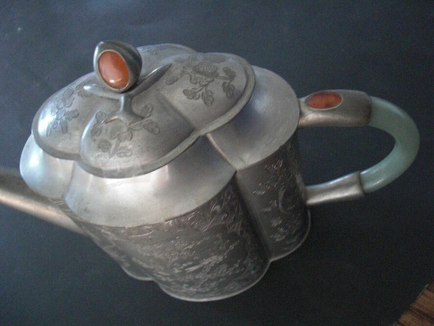 Chinese antique teapot carved inlaid jade pot