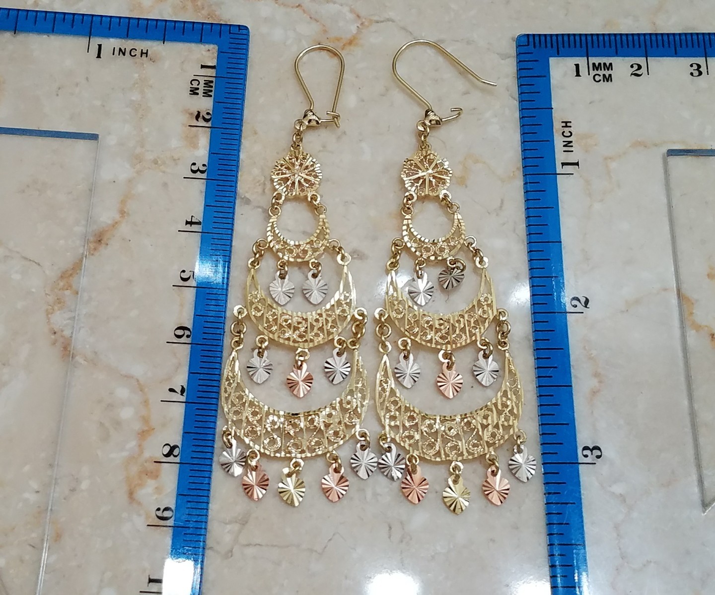Pre-owned Handmade Gold Earring Chandelier 14k Heart Gypsy Filigree Solid Long Drop Hang 3.25" In Multicolor