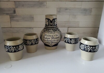 Staffel/Gerz Gerzit West German Stoneware Blue & Gray Wine Pitcher & Four Cups
