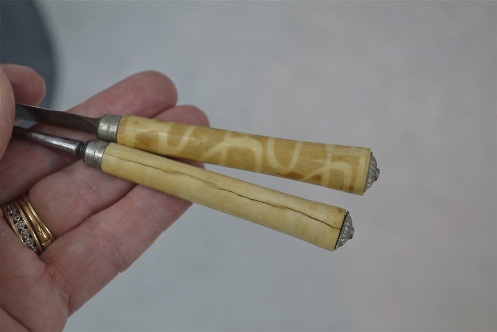 antique knife fork steel carved white handle Civil War Era travel sm original