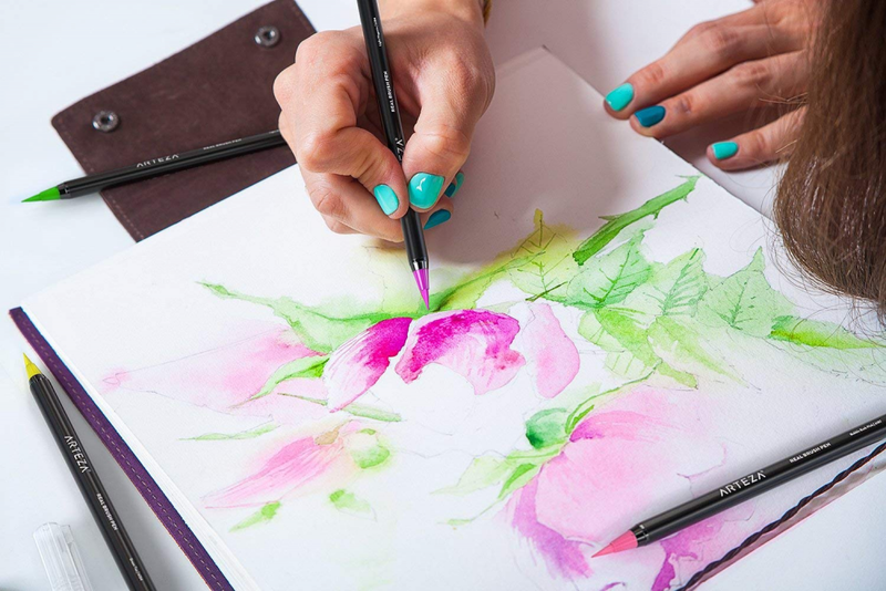 Arteza Real Brush Pens, 48 Colors for Watercolor Painting with Flexible Nylon Ti