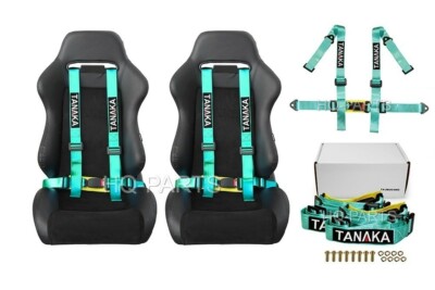 2 X TANAKA UNIVERSAL MINT GREEN 4 POINT BUCKLE RACING SEAT BELT HARNESS 2''