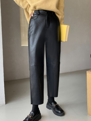 Winter PU Leather Pants  High Waist Pockets Faux Leather Pant Elastic Trousers