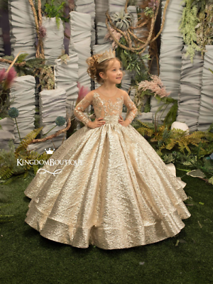 Gold Flower Girl Dresses Big Bow Appliques Full Illusion Sleeves party Dresses