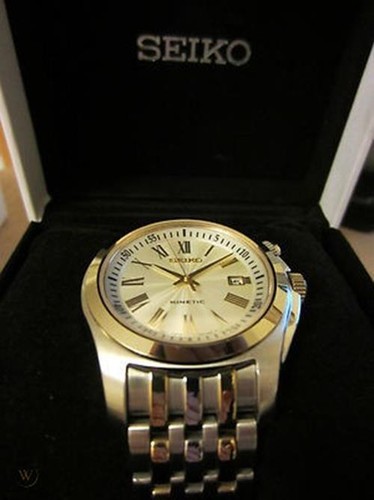 Pre-owned Seiko Men's Kinetic Ska470p1 Stainless Steel Gold Silver Pvd Bracelet Watch