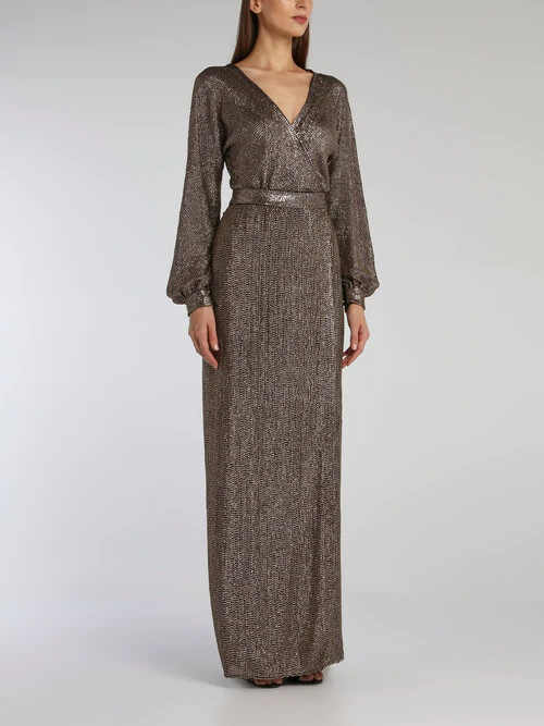 Pre-owned Maria Lucia Hohan Priela Sequinned Crepe Wrap Dress Size Us 4 In Brown